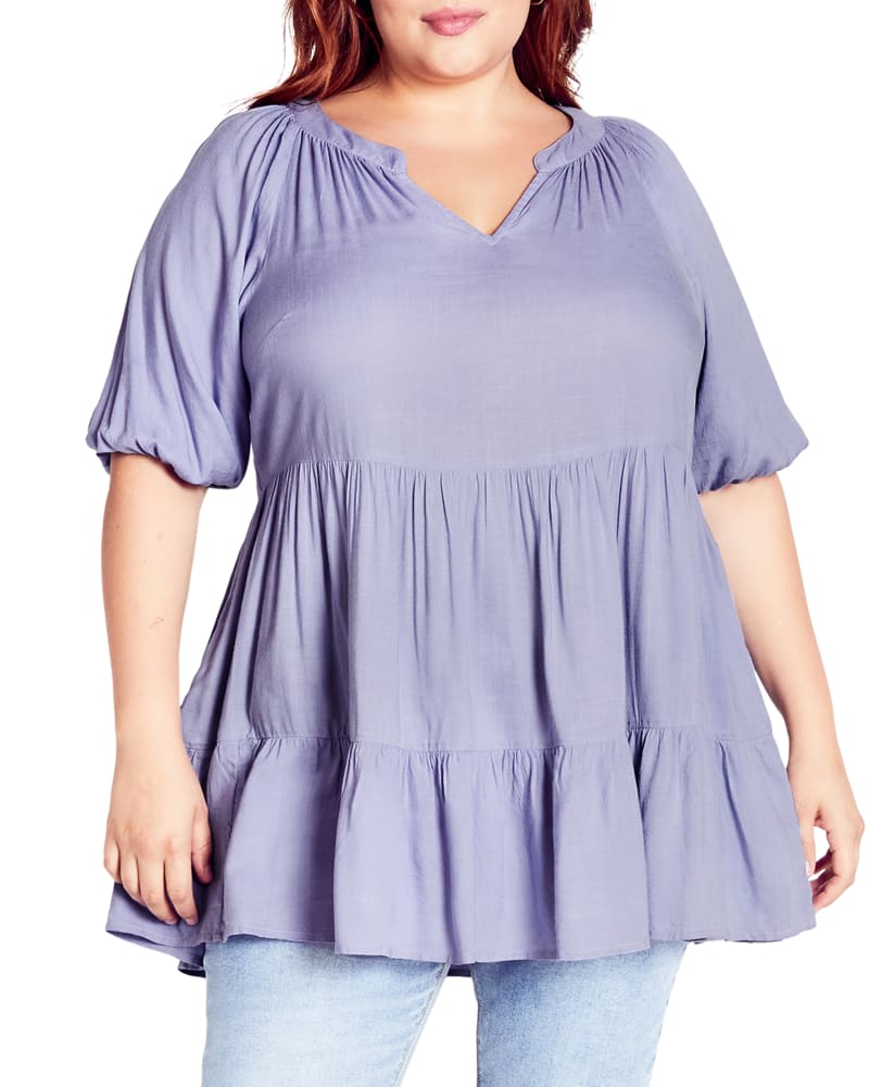 Front of a model wearing a size 20 TUNIC BETSY in Cornflower by avenue. | dia_product_style_image_id:293873